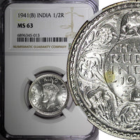 India-British George VI Silver 1941 (B) 1/2 Rupee Bombay NGC MS63 KM# 551 (013)