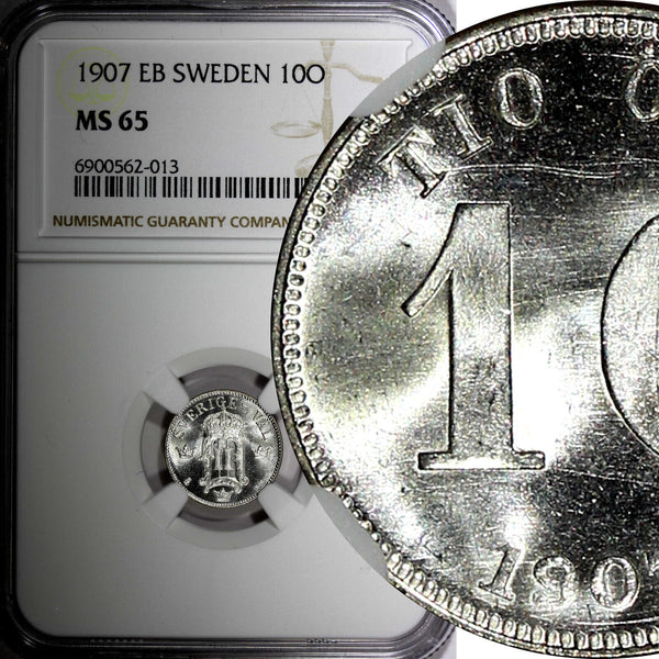 SWEDEN Oscar II Silver 1907 EB 10 Ore 1 YEAR TYPE NGC MS65 GEM BU KM# 774 (013)