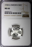 SWEDEN Gustaf V Silver 1938 G 50 Ore NGC MS66 GEM BU KM# 788 (011)