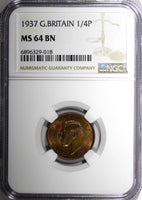 Great Britain George VI Bronze 1937 Farthing NGC MS64 BN 1st Year KM# 843 (018)