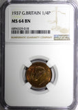 Great Britain George VI Bronze 1937 Farthing NGC MS64 BN 1st Year KM# 843 (018)