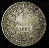FRANCE Silver 1887 A 2 Francs Paris Mint 27mm KM# 817.1  (28 498)