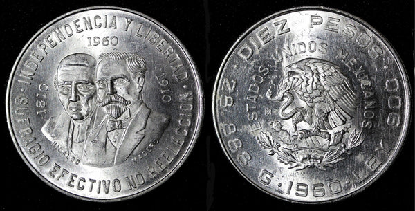 MEXICO Silver 1960 Mo 10 Pesos War of Independence 40mm ;28,88g. UNC  KM# 476(3)