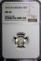 Sweden Gustaf V Silver 1919 W 10 Ore NGC MS65 Light Toned GEM BU KM# 780 (008)