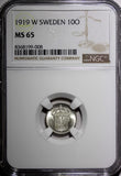 Sweden Gustaf V Silver 1919 W 10 Ore NGC MS65 Light Toned GEM BU KM# 780 (008)
