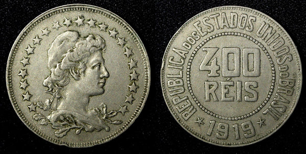 BRAZIL Copper-Nickel 1919 400 Reis Liberty 30.2mm BETTER DATE KM# 520 (27 796)