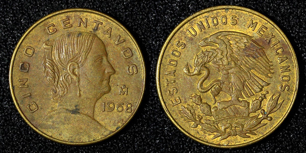 MEXICO Bronze 1968 Mo 5 Centavos Large type KM# 426 (27 911)