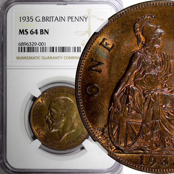 GREAT BRITAIN George V Bronze 1935 1 Penny NGC MS64 BN NICE TONING KM# 838 (01)