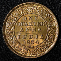 India-British George V Bronze 1934 (C) 1/4 Anna GEM BU Red Toned KM# 512 (696)