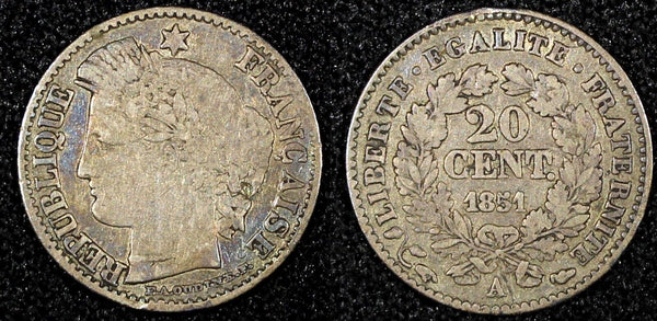 FRANCE Silver 1851 A  20 Centimes Paris Mint KM# 758.1 (24 695)