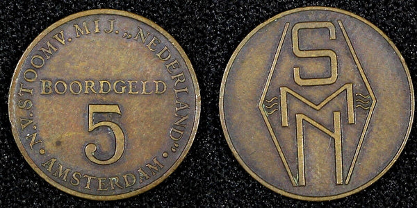 Netherlands Bronze (1947) 5 Boordgeld SMN Stoomvaart Shipping Line Token 16mm