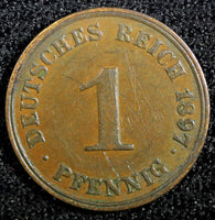 GERMANY - Empire Wilhelm II Copper 1897 J 1 Pfennig Hamburg Mint KM# 10 (23 589)