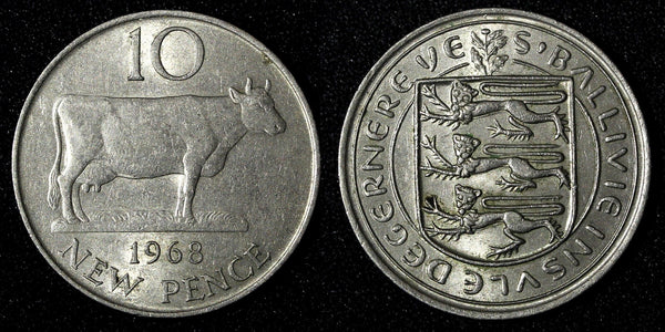 Guernsey Elizabeth II Copper-Nickel 1968 10 New Pence Cow aUNC KM# 24 (27 961)