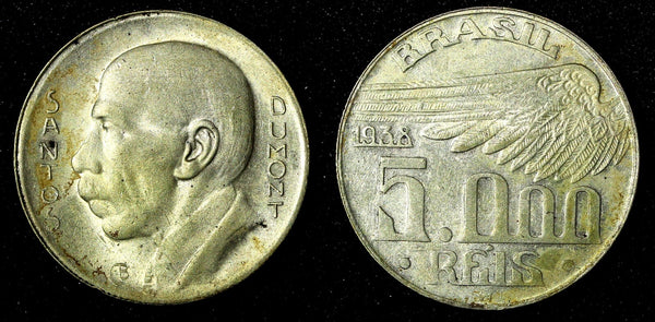 BRAZIL Silver 1938  5000 Reis Santos Dumont  Toned KM# 543 (27 503)