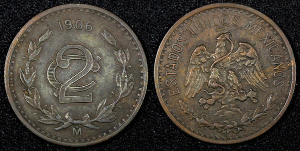 MEXICO ESTADOS UNIDOS MEXICANOS Bronze 1906 2 Centavos XF Toned KM# 419 (27 172)