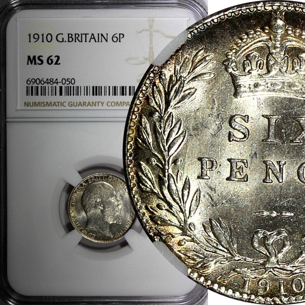 GREAT BRITAIN Edward VII Silver 1910 6 Pence NGC MS62 Light Toned KM# 799 (50)