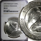 Paraguay President Stroessner Silver 1973 300 Guaranies NGC MS63 KM# 29 (004)