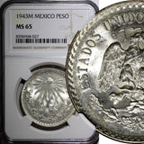 Mexico ESTADOS UNIDOS MEXICANOS Silver 1943 M Peso NGC MS65 GEM BU KM# 455 (7)