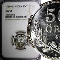 SWEDEN Gustaf V Silver 1939 G 50 Ore NGC MS64 1 GRADED HIGHEST KM# 788 (012)