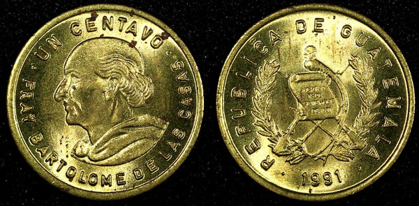 Guatemala Bartolome de las Casas Brass 1991 1 Centavo UNC KM# 275.3  (24 620)