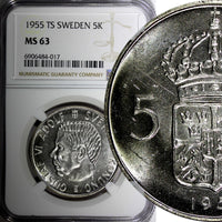 SWEDEN Gustaf VI Silver 1955 TS 5 Kronor 34 mm NGC MS63 KM# 829 (017)