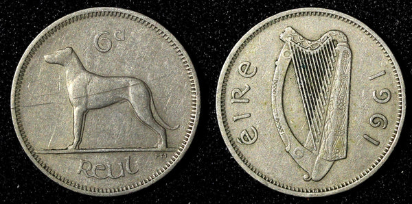 Ireland Copper-Nickel 1961 6 Pence Wolfhound KM# 13a (28 232)