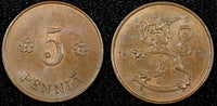 FINLAND Copper 1927 5 Penniä KEY DATE UNC Toned KM# 22 (24 009)