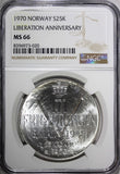 Norway Olav V Silver 1970 25 Kroner NGC MS66 Anniversary of Liberation KM#414(0)