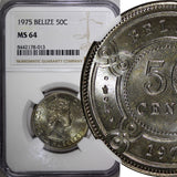 BELIZE Elizabeth II 1975 50 Cents NGC MS64 Light Toned TOP GRADED KM# 37 (013)