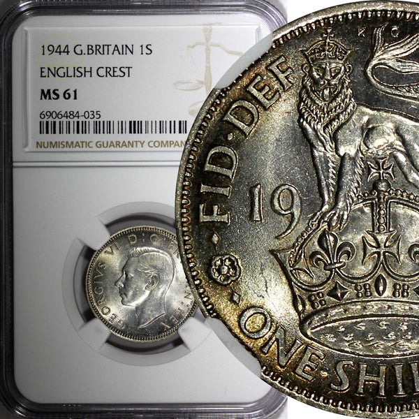 GREAT BRITAIN George VI Silver 1944 1 Shilling English Crest NGC MS61 KM#853 (5)