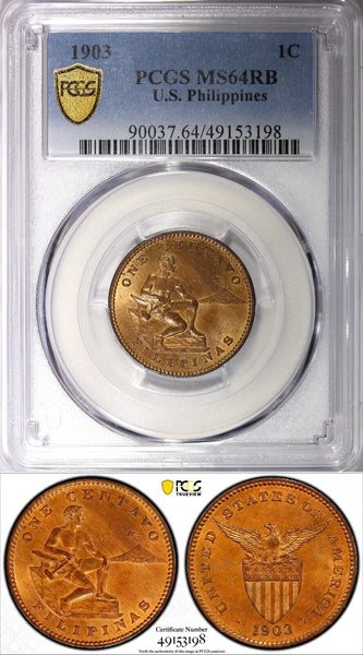 Philippines Bronze 1903 1 Centavo US Mint 1st Year Type PCGS MS64 RB KM# 163 (8)