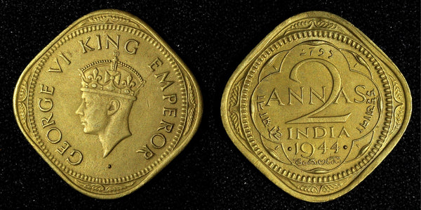 India-British George VI 1944 2 Annas WWII Issue KM# 541a (27 608)