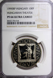 HUNGARY PROOF 1990 BP 100 Forint Hungarian Theater NGC PF66 ULTRA CAMEO KM# 701