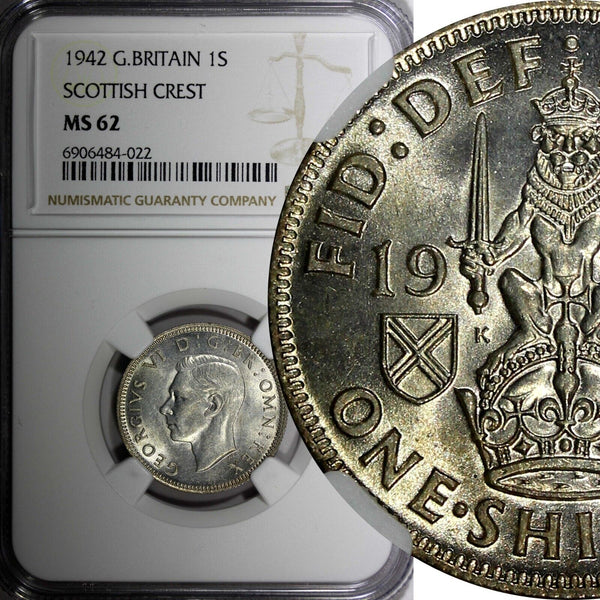 GREAT BRITAIN George VI Silver 1942 1 Shilling Scottish Crest NGC MS62 KM#854(2)