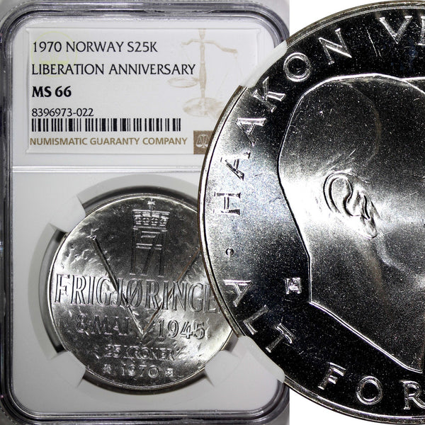 Norway Olav V Silver 1970 25 Kroner NGC MS66 Anniversary of Liberation KM#414(2)