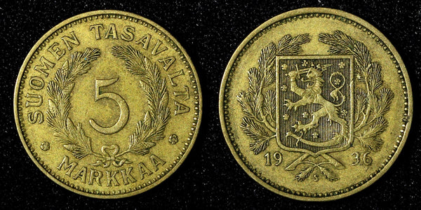 Finland Aluminum-Bronze 1936 S 5 Markkaa KM# 31 (27 715)