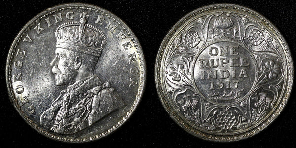 India-British George V Silver 1917 (C) 1 Rupee Calcutta  aUNC /UNC KM# 524 (051)