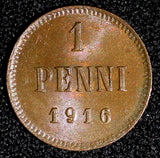 Finland Nicholas II Copper 1916 1 Penni aUNC-UNC KM# 13  (28 264)
