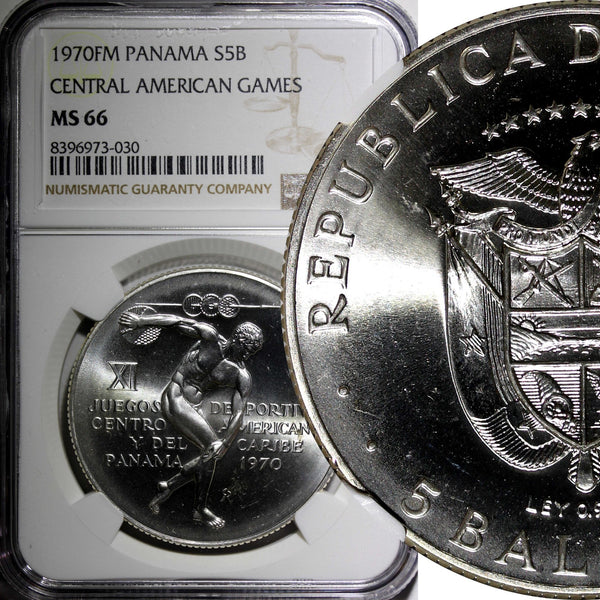 Panama Silver 1970 FM 5 Balboas NGC MS66 Central American Games KM#28 (030)