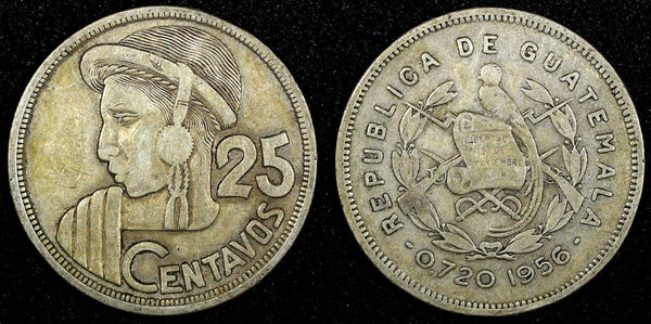 Guatemala Silver 1956 25 Centavos Mintage-342,000 27mm KM# 258 (24 649)