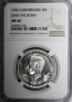 Luxembourg Charlotte Silver 1946 50 Francs John the Blind NGC MS66 KM# 48 (008)