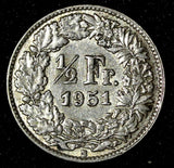 Switzerland Silver 1951 B 1/2 Franc  Helvetia KM# 23 (28 484)
