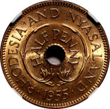 Rhodesia And Nyasaland Bronze 1955 1/2 Penny NGC MS65 RD FULL RED KM# 1 (011)