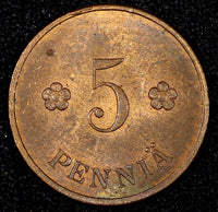 FINLAND Copper 1928 5 Penniä CHOICE UNC Toned KM# 22 (27 186)