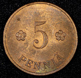 FINLAND Copper 1928 5 Penniä CHOICE UNC Toned KM# 22 (27 186)