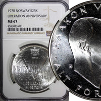 Norway Olav V Silver 1970 25 Kroner NGC MS67 Anniversary of Liberation KM#414(1)