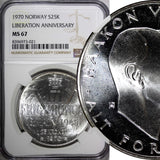 Norway Olav V Silver 1970 25 Kroner NGC MS67 Anniversary of Liberation KM#414(1)
