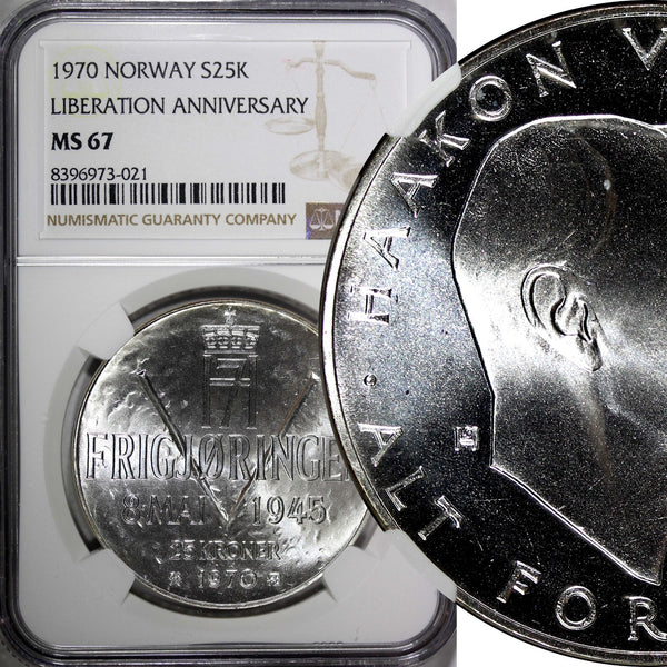 Norway Olav V Silver 1970 25 Kroner NGC MS67 Anniversary of Liberation KM#414(1)