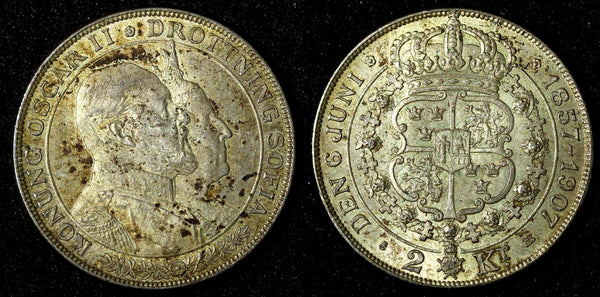 SWEDEN Oscar II Silver 1907 EB 2 Kronor Golden Wedding Anniv. KM#776 (145)