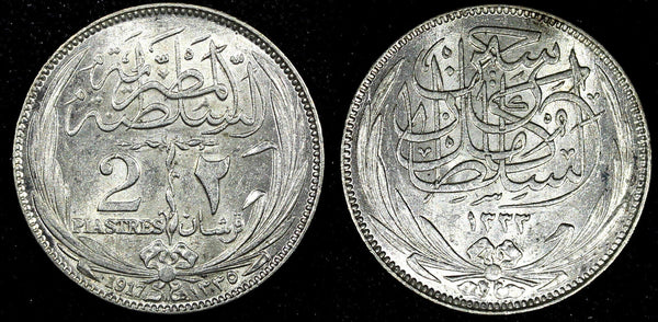 EGYPT OCCUPATION COINAGE Silver AH1335 / 1917 H 2 Piastres aUNC KM#317.2 (651)